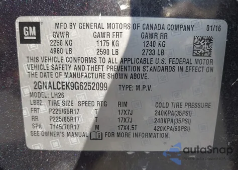 2016 Chevrolet Equinox Lt z USA, uszkodzony, nr VIN 2GNALCEK9G6252099